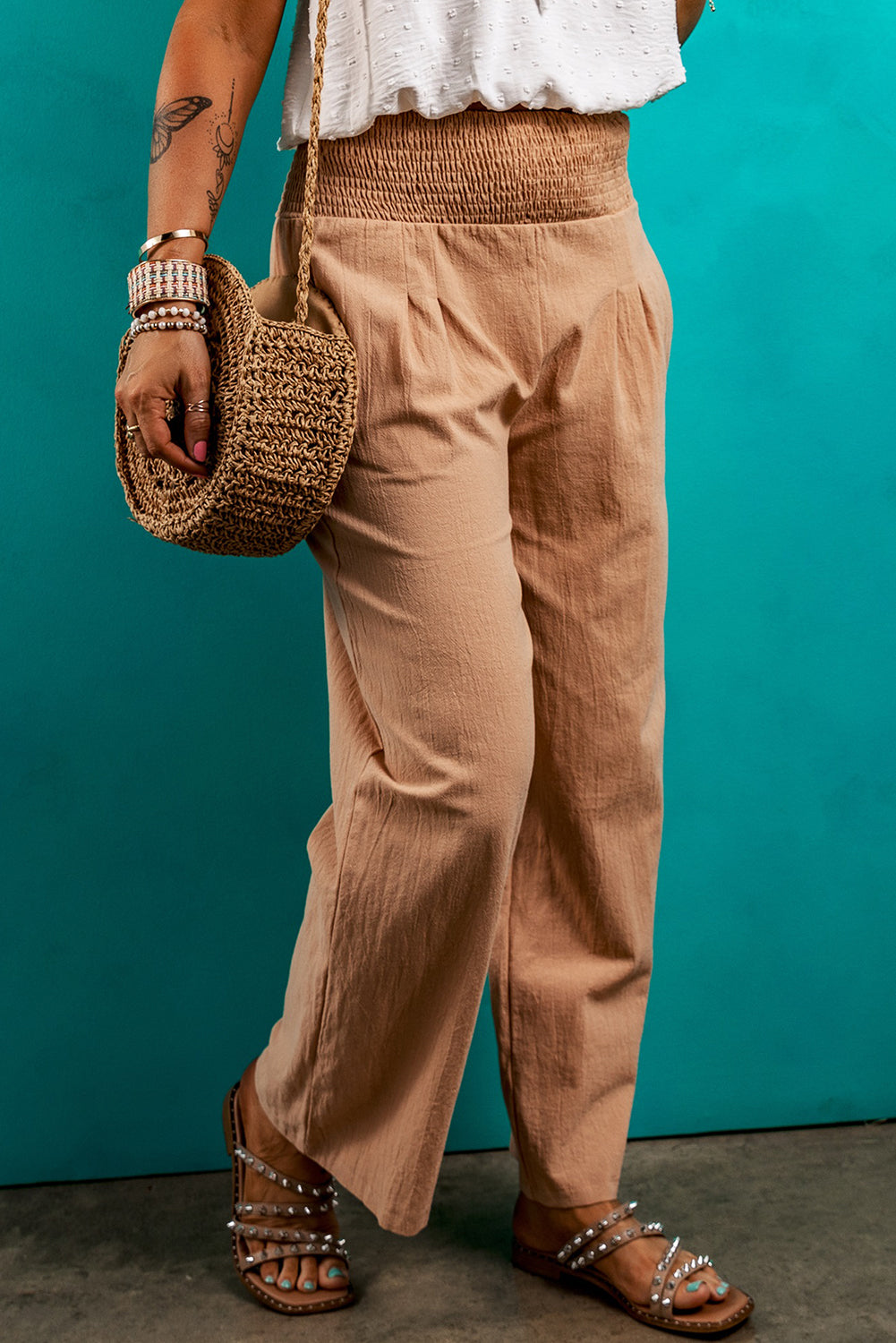 Smocked Waist Loose Straight Leg Pants | Clay