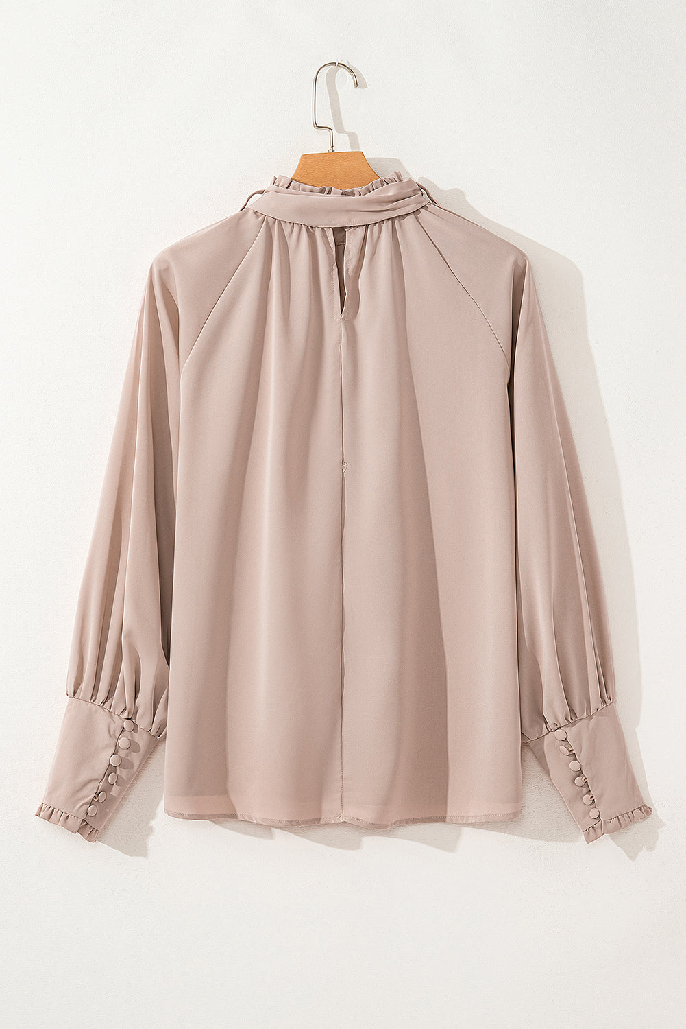 Frilled Knotted Mock Neck Bishop Sleeve Blouse | Khaki