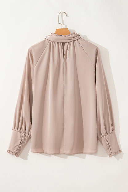 Frilled Knotted Mock Neck Bishop Sleeve Blouse | Khaki