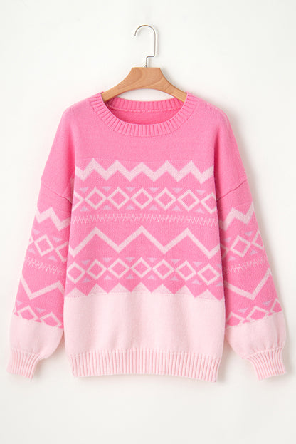 Western Aztec Geometric Drop Shoulder Sweater | Pink