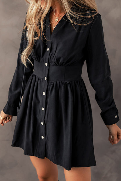 Elastic Cinched High Waist Long Sleeve Shirt Mini Dress | Black