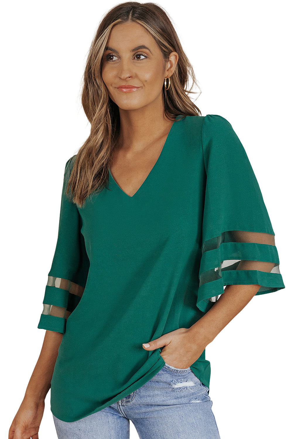 Flare Sleeve V Neck Loose Blouse | Green