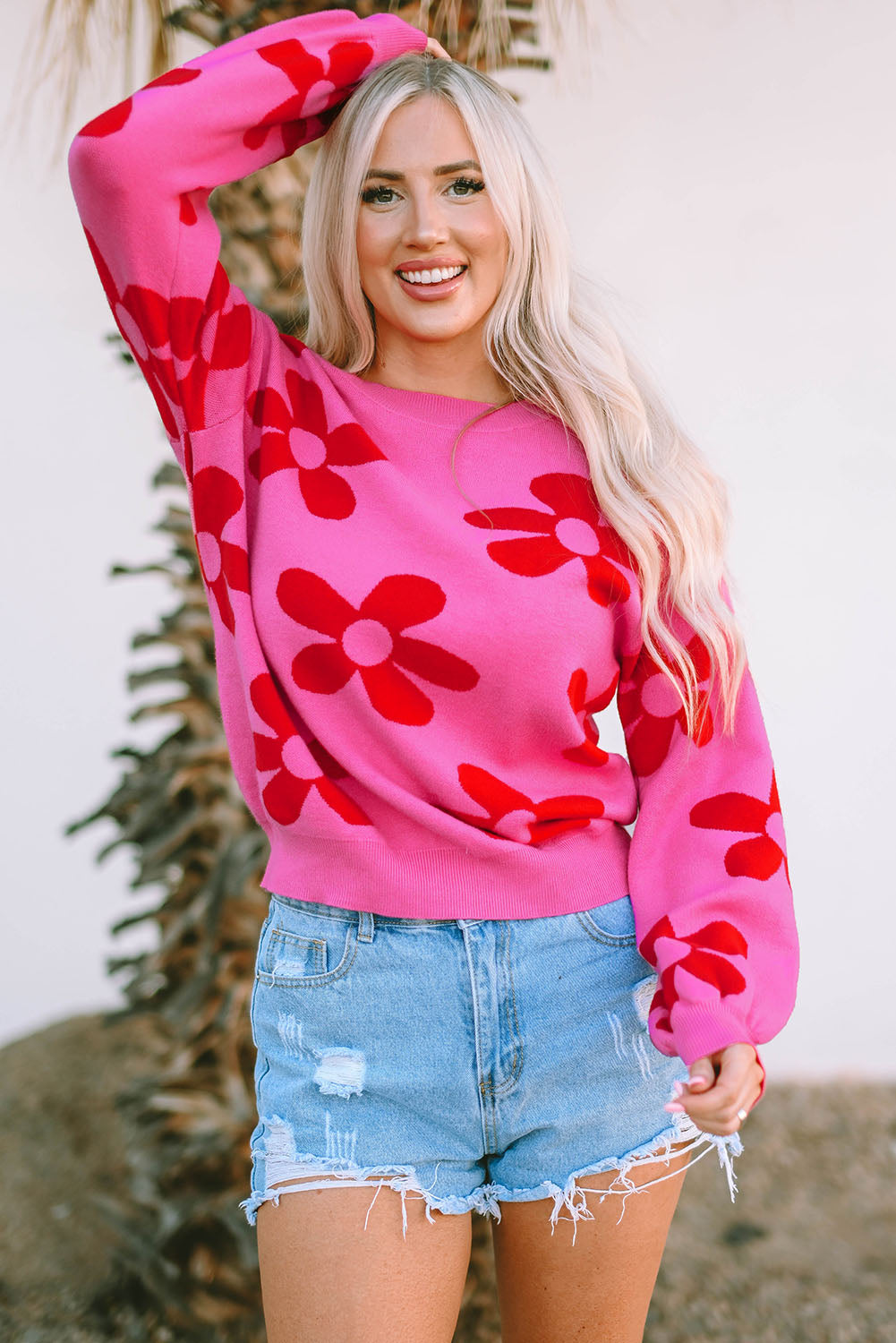 Big Flower Knit Ribbed Trim Sweater | Rose