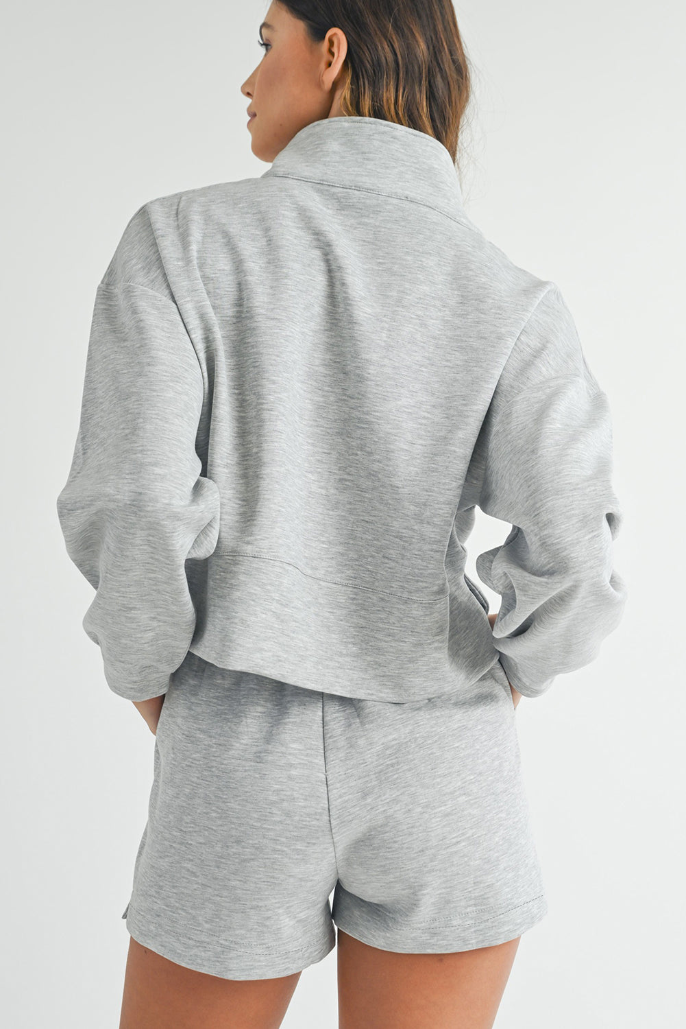 Stand Neck Zipped Sweatshirt And Shorts Set | Light Grey