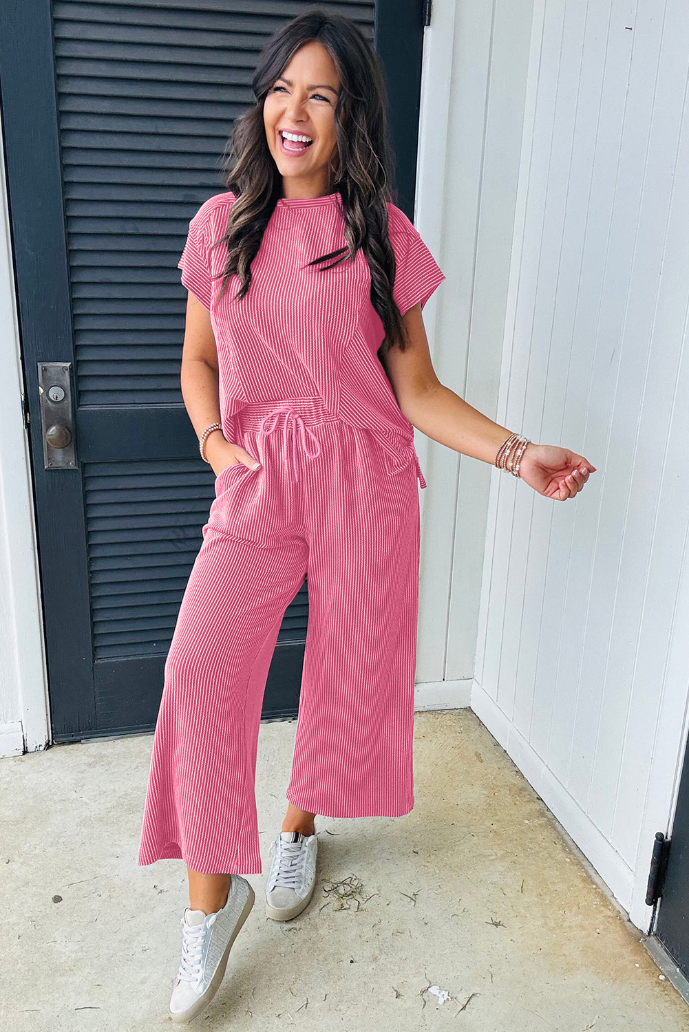 Solid Corded Knit Short Sleeve T Shirt And Wide Leg Pants Set | Bright Pink