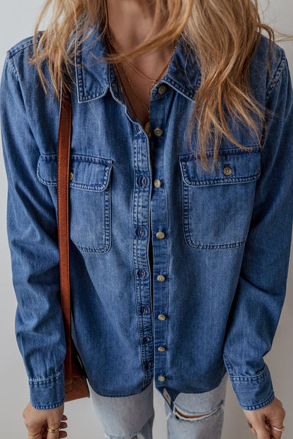 Flap Pocket Button Up Denim Shacket | Sky Blue