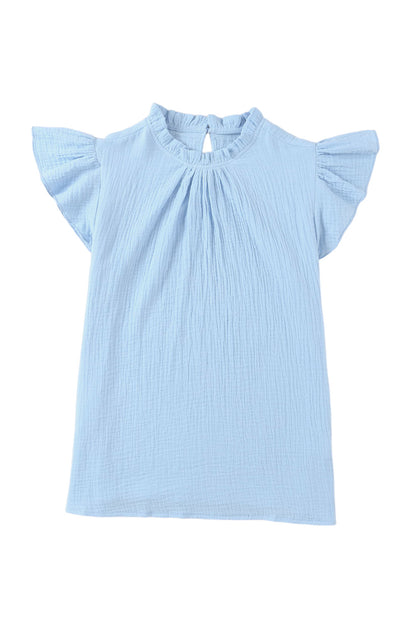 Flutter Sleeve Frilled Neck Textured Blouse | Sky Blue