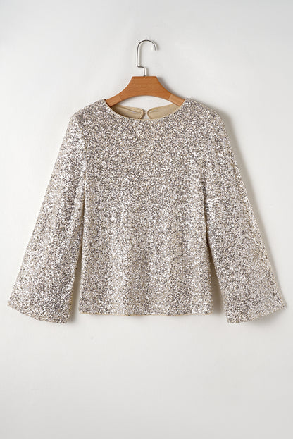 Sequin Puff Sleeve Cutout Back Blouse | Silvery