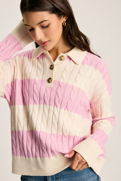 Cable Knit Collared Henley Sweater | Pink Stripe