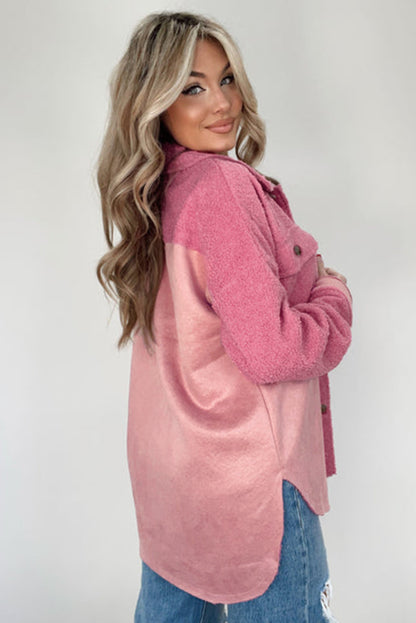 Colourblock Buttoned Flap Pocket Sherpa Shacket | Pink