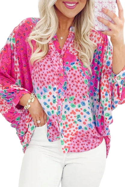 Floral Allover Print Buttoned V Neck Oversized Shirt | Rose Red