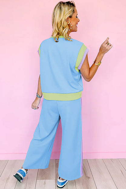 Colour Block Detail Casual Two-Piece Outfit | Sky Blue