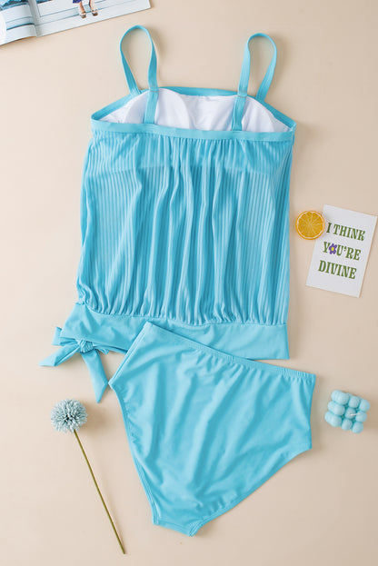 Striped Mesh Knotted Hem Tankini Swimsuit | Turquoise