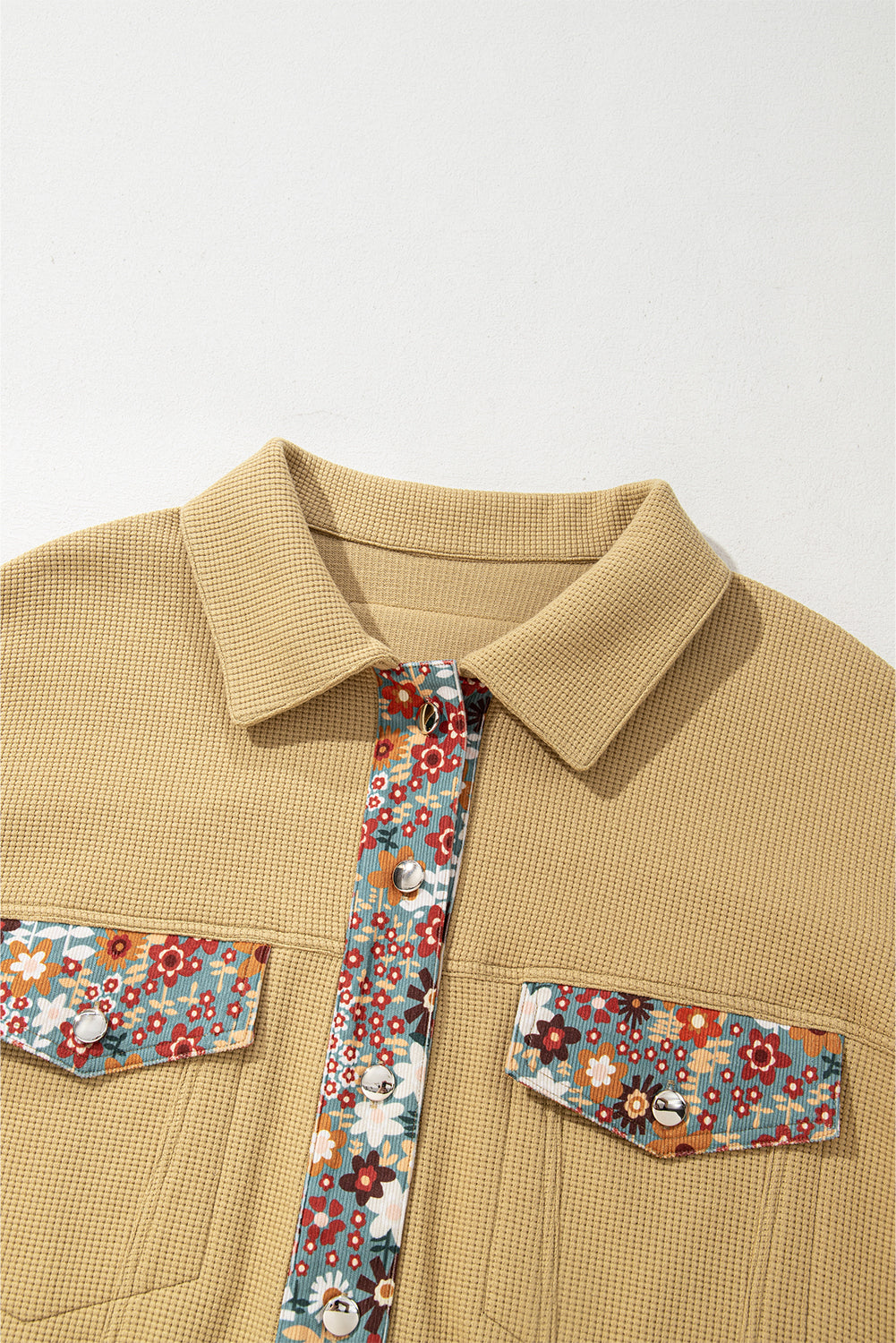 Waffle Knit Floral Print Patchwork Button Up Jacket | Khaki