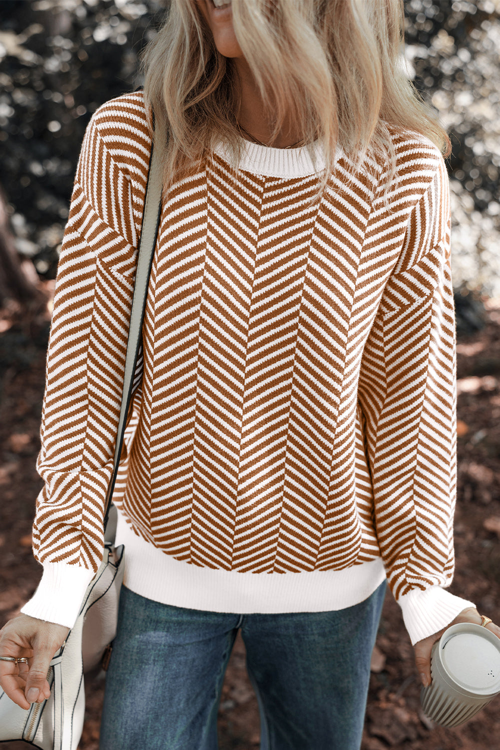 Contrast Edge Crew Neck Drop Shoulder Sweater | Coffee