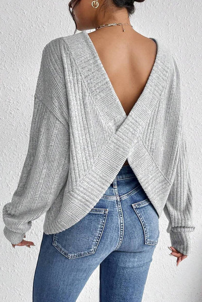 Textured Crossover Backless Knit Long Sleeve Top | Light Grey