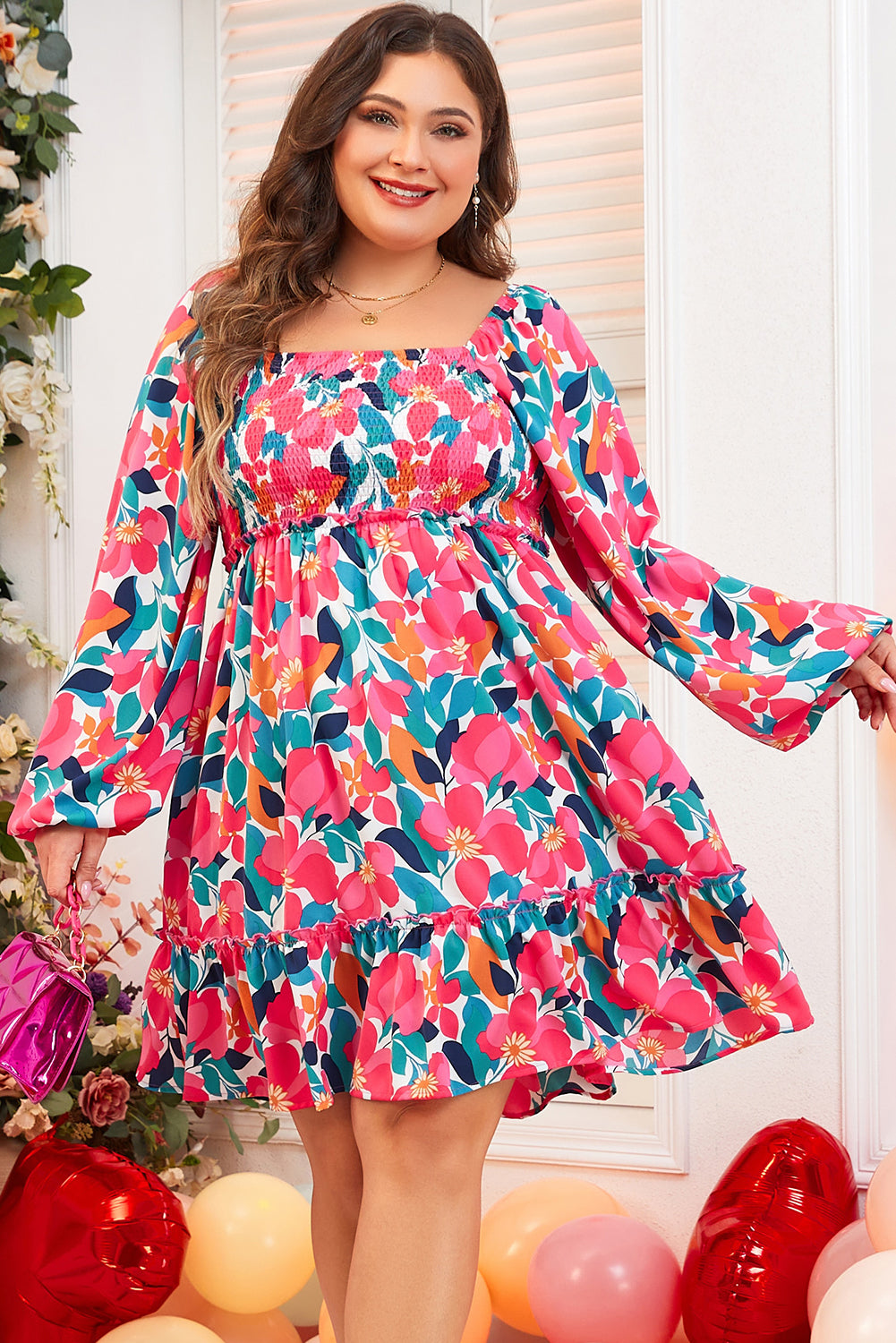 Flower Print Smocked Square Neck Plus Size Dress | Rose