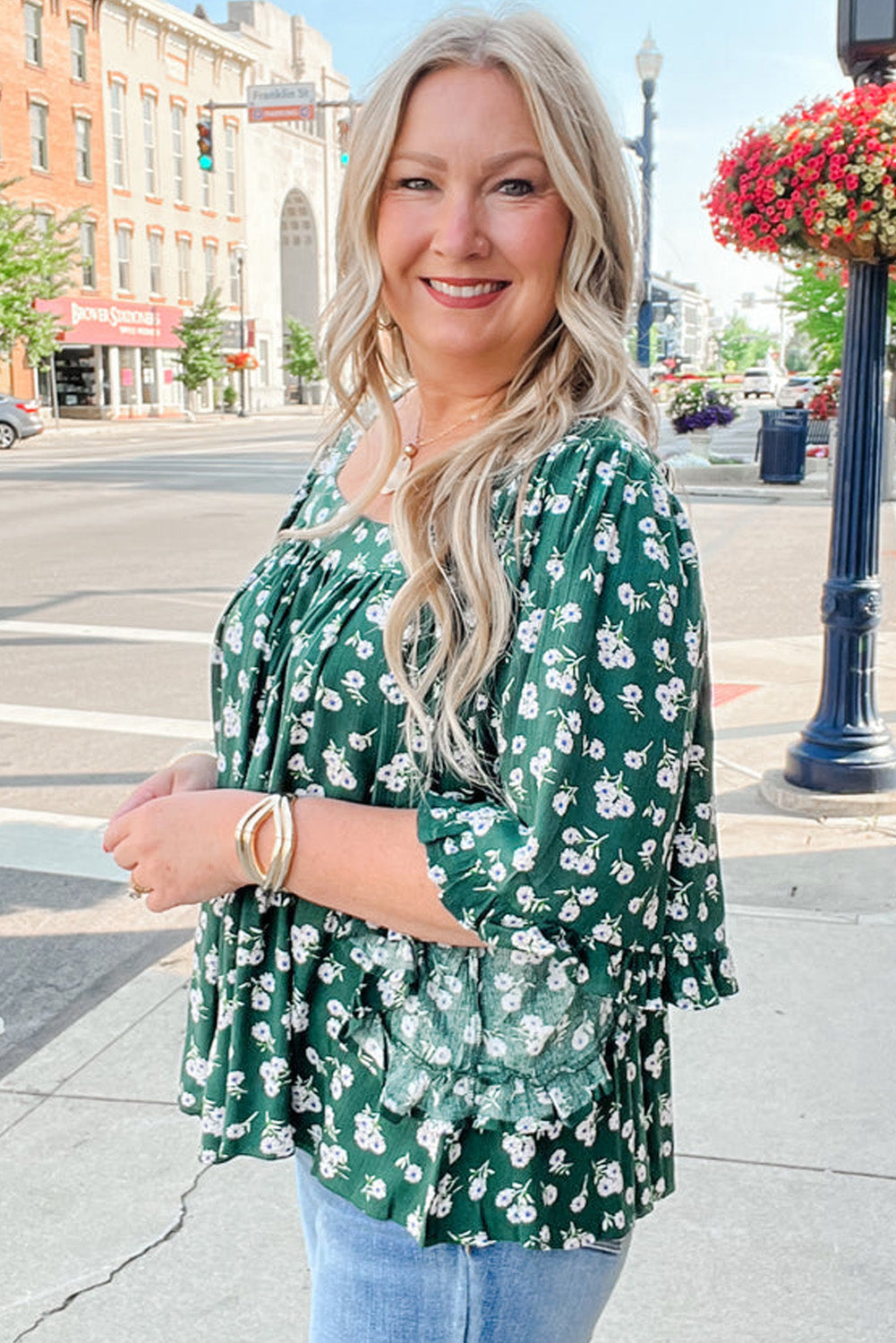 Floral Print Square Neck Ruffled Trim Plus Size Blouse | Green