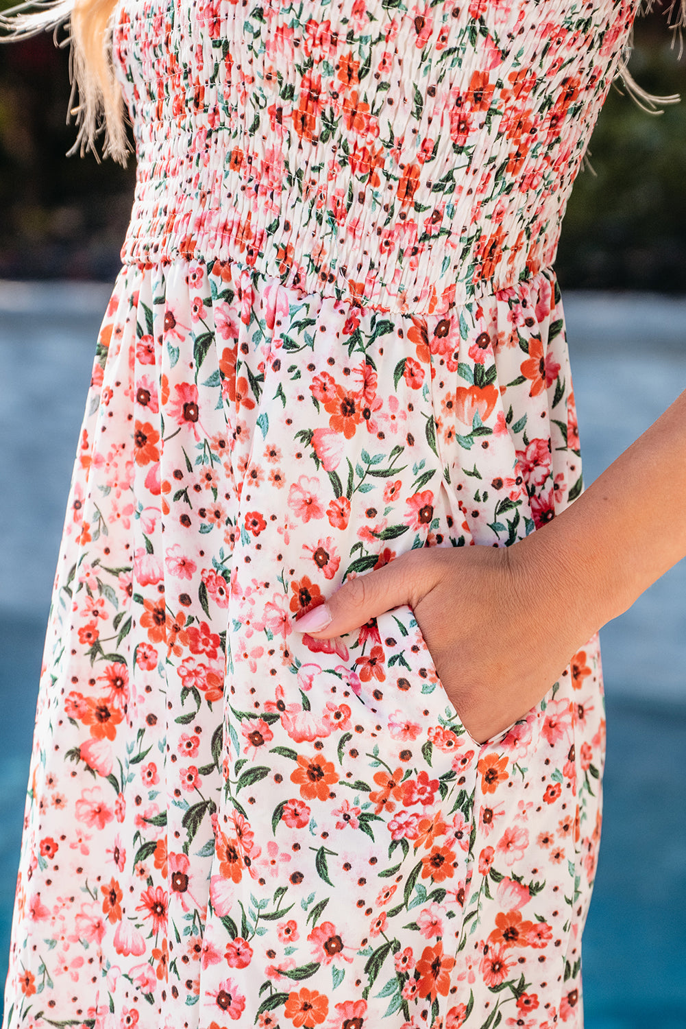 Boho Floral Smocked Ruffled Maxi Dress | White