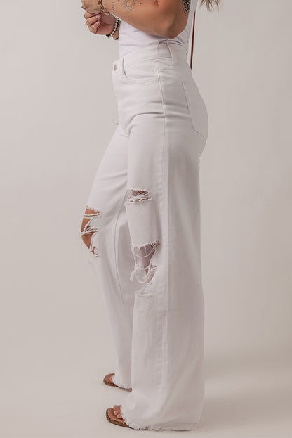 Heavy Distressed Straight Leg Jeans | Bright White