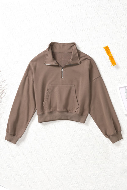 Zipped Turn Down Collar Cropped Sweatshirt With Pocket | Brown