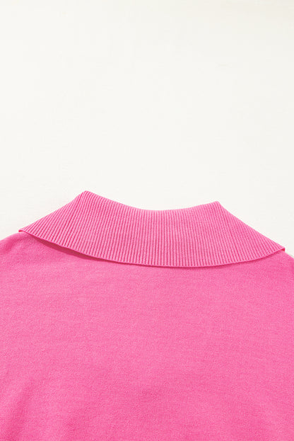 Solid Ribbed Trim Plus Size Zip Collar Sweater | Rose