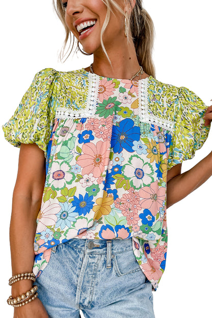 Bubble Sleeve Lace Trim Floral Mixed Print Blouse | Green