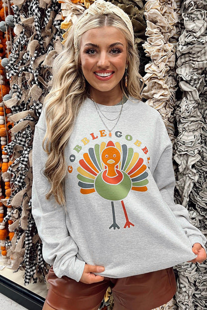 Gobble Gobble Turkey Print Pullover Sweatshirt | Gray