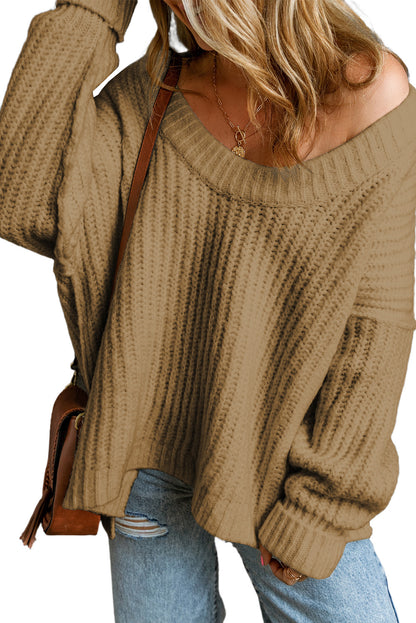 Khaki Ribbed Knit Round Neck Slouchy Chunky Sweater | Apricot khaki