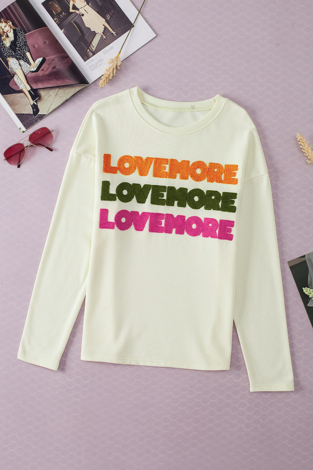 Love More Chenille Graphic Long Sleeve Sweatshirt | White