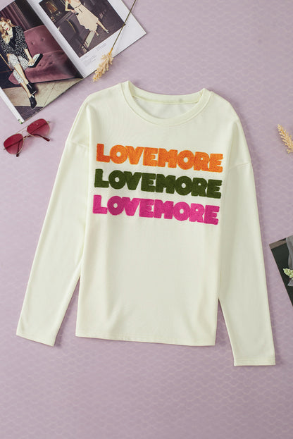 Love More Chenille Graphic Long Sleeve Sweatshirt | White