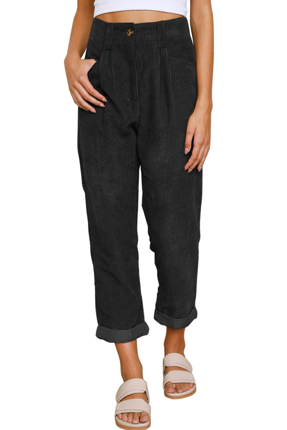 Corduroy High Waist Straight Leg Pants | Black