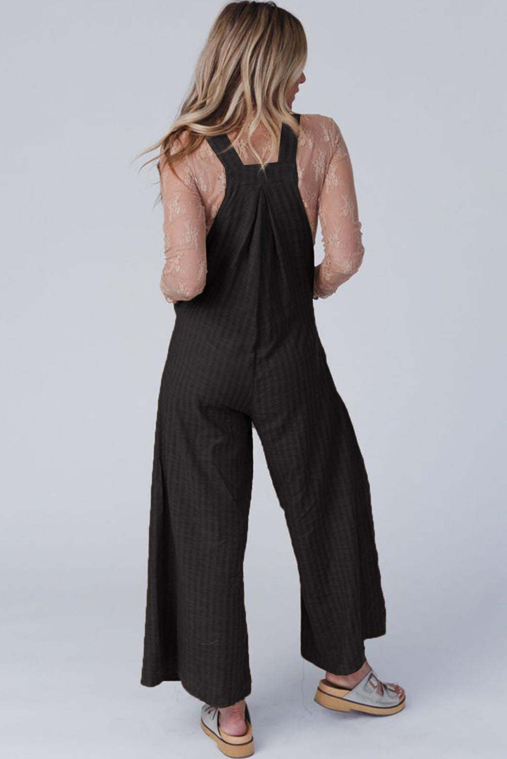 Striped Pleated Wide Leg Pocketed Jumpsuit | Black