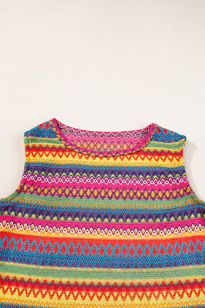 Ethnic Wavy Pattern Round Neck Sleeveless Top | Yellow