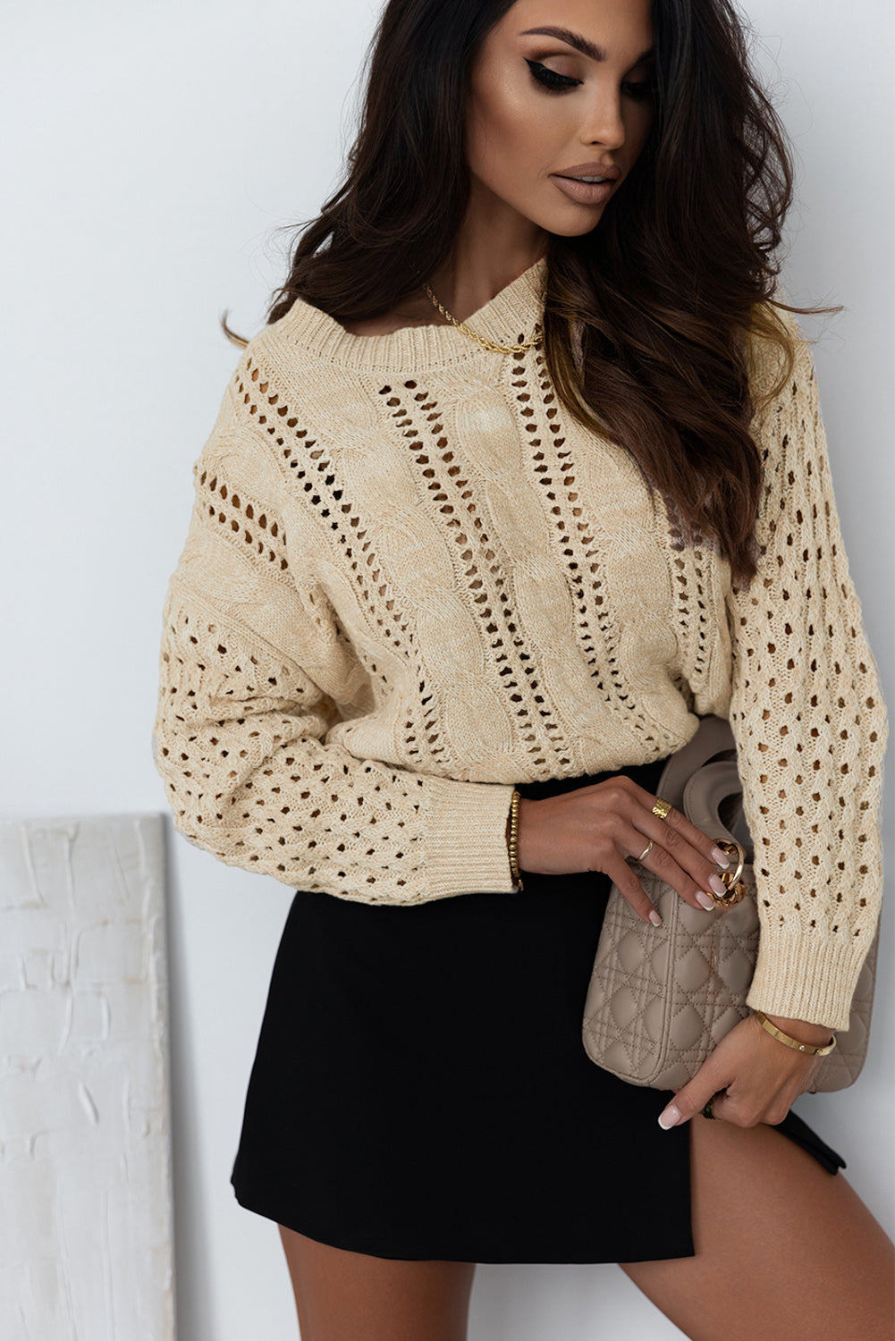 Eyelets Cable Knit Drop Shoulder Sweater | Khaki