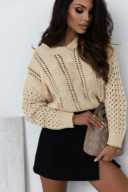 Eyelets Cable Knit Drop Shoulder Sweater | Khaki