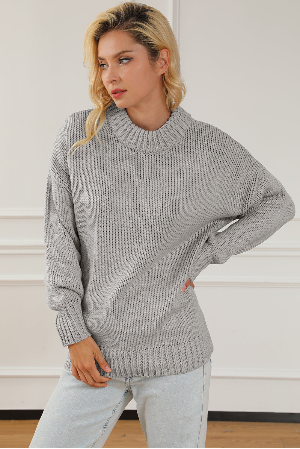 Chunky Knit Turtle Neck Drop Shoulder Sweater | Light Grey