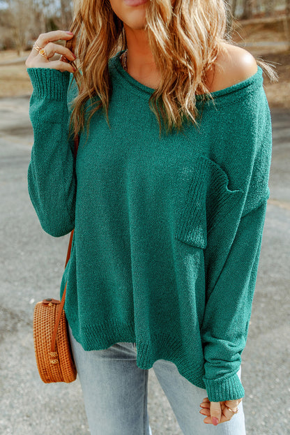 Solid Colour Off Shoulder Rib Knit Sweater With Pocket | Green