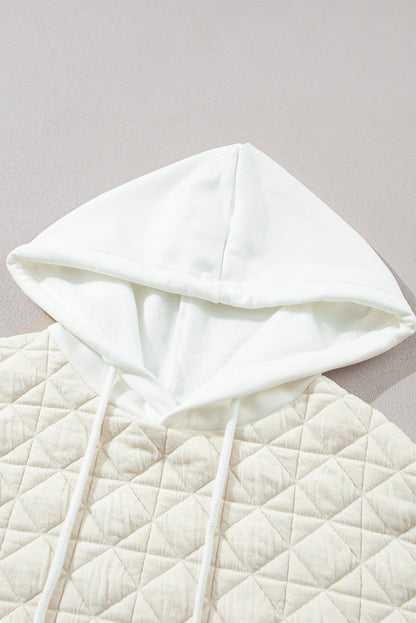 Drop Shoulder Quilted Patchwork Kangaroo Pocket Hoodie | Beige