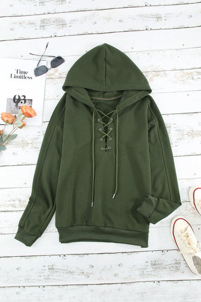 Casual Solid Colour Lace-Up Hoodie | Green