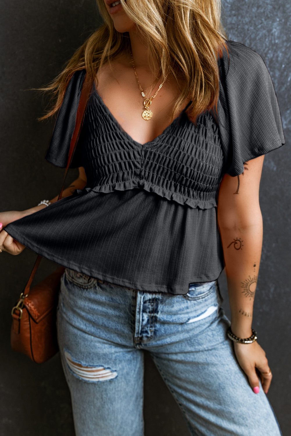 Shirred V Neck Short Flutter Sleeve Textured Blouse | Black