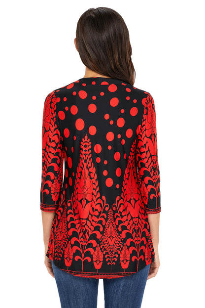 Fiery  Floral Notch Neck Pin-Tuck Tunic | Red