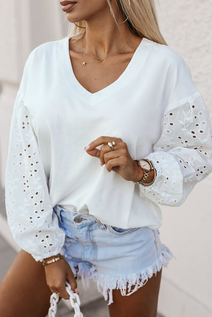 V-Neck Embroidered Patchwork Puff Sleeve Blouse | White