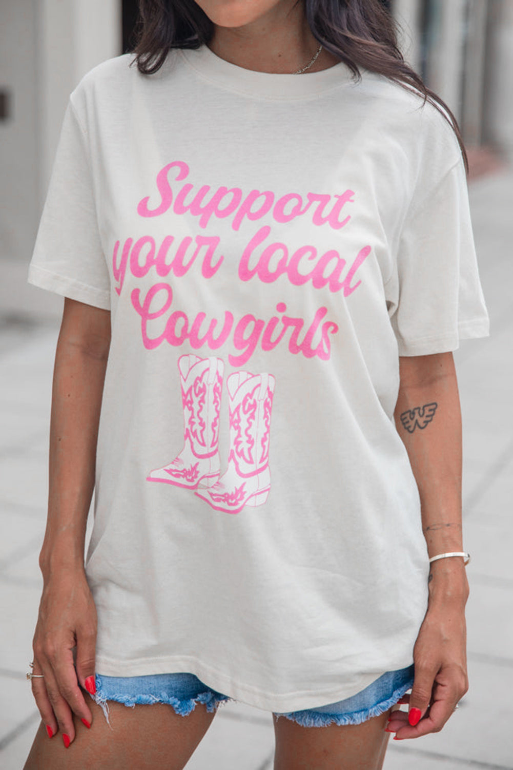 Support Your Local Cowgirls Boots Print Crewneck Tee | White