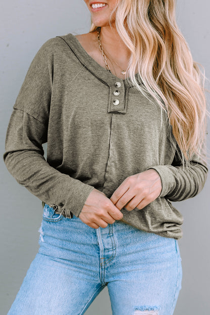 Long Sleeve V-Neck Stitching Henley Top | Khaki