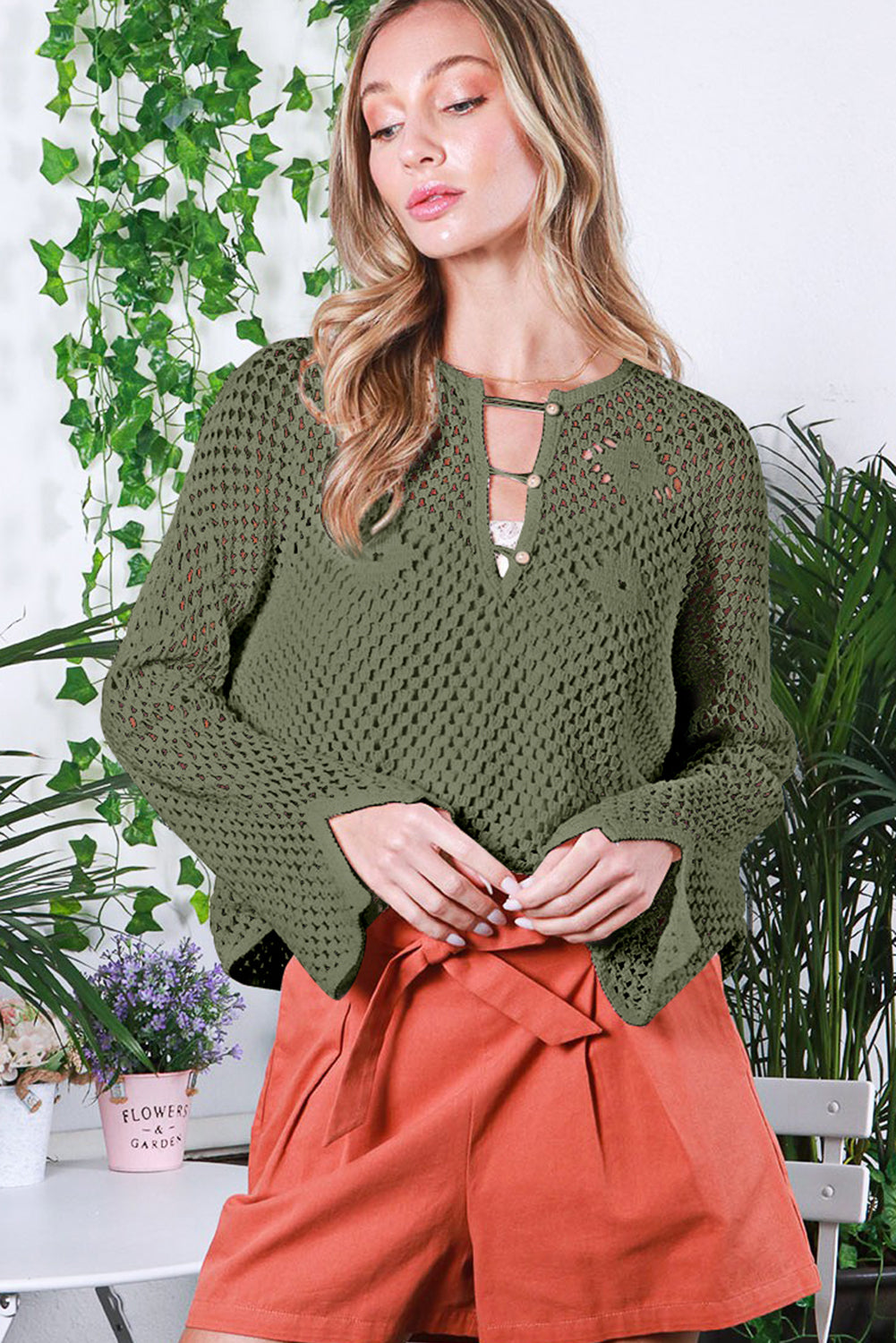 Open Knit Buttoned Neck Split Sleeve Sweater | Vineyard Green