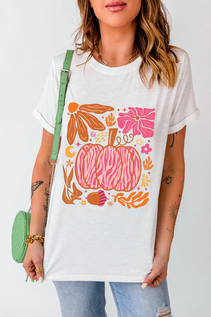 Floral Pumpkin Printed Crewneck Thanksgiving T Shirt | White