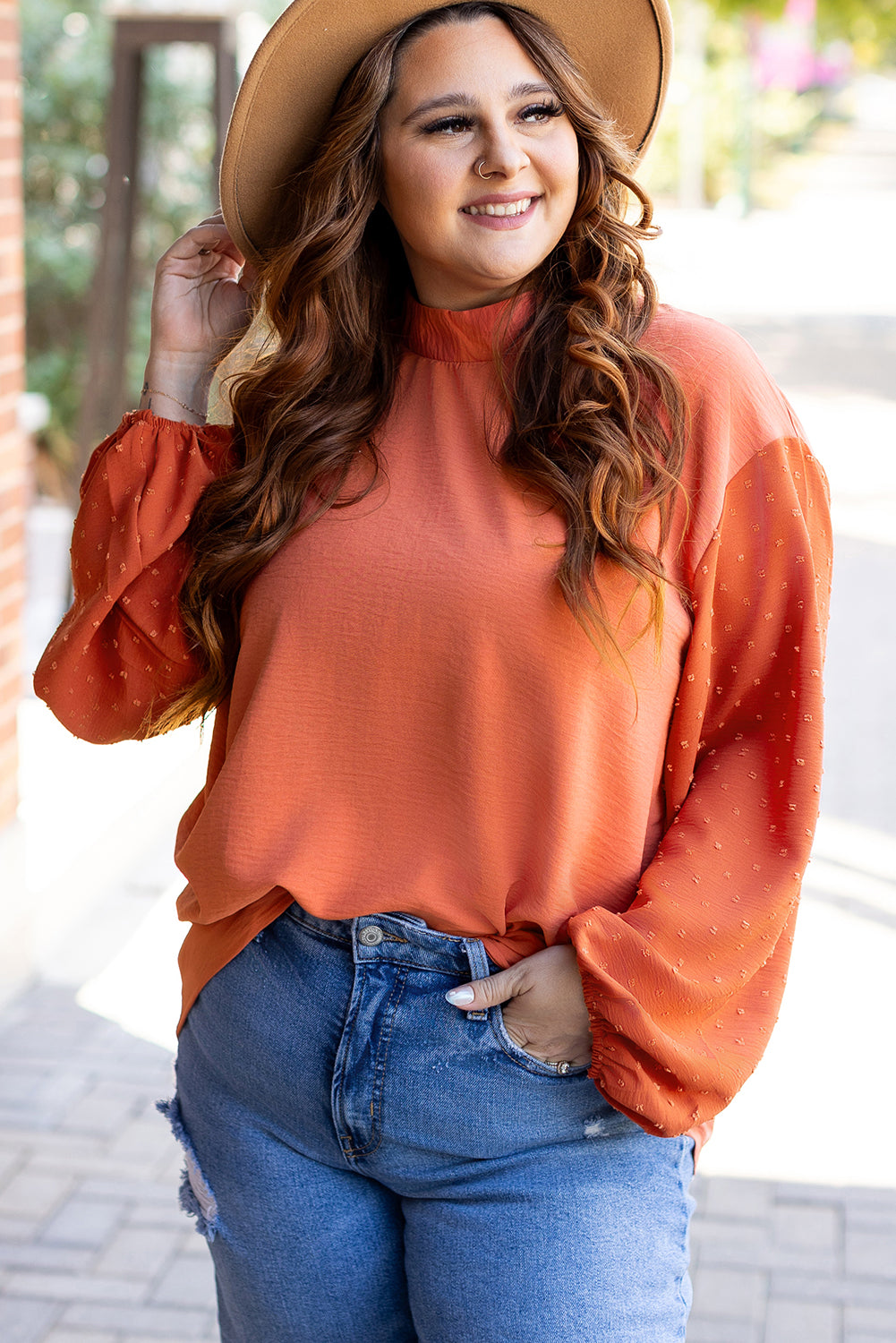 Swiss Dot Balloon Sleeve Loose Blouse | Russet Orange