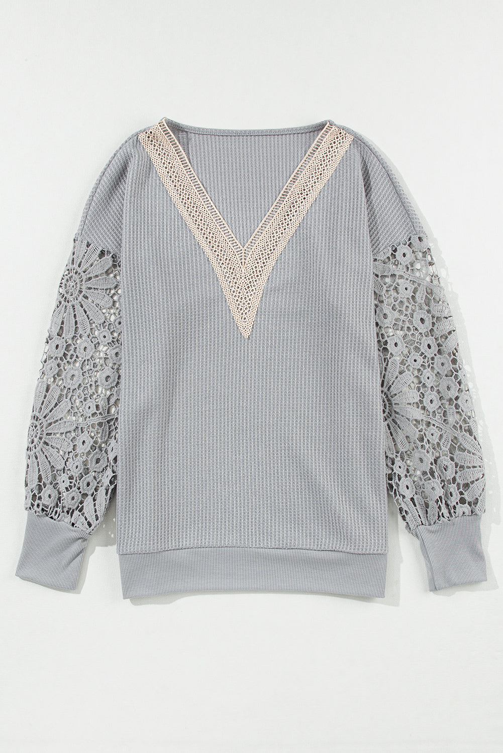 Lace Splicing V Neck Puff Sleeve Top | Gray