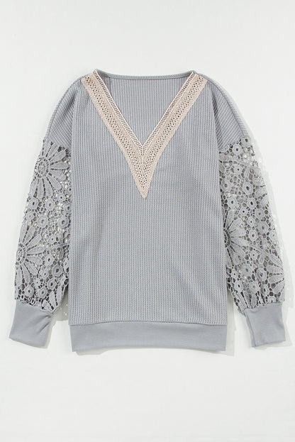 Lace Splicing V Neck Puff Sleeve Top | Gray